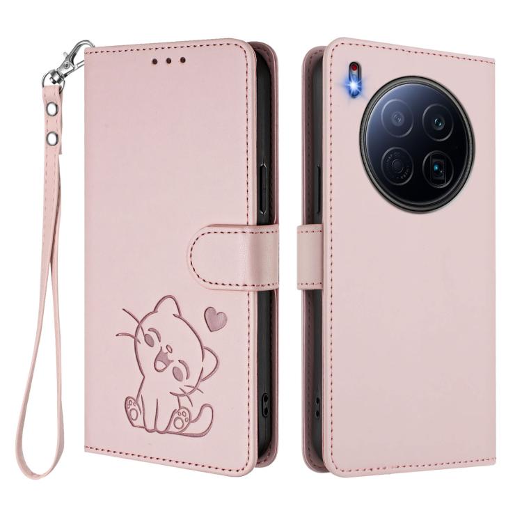 For Tecno Camon 40 Premier Embossed Heart Cat Leather Phone Case with Hand Strap