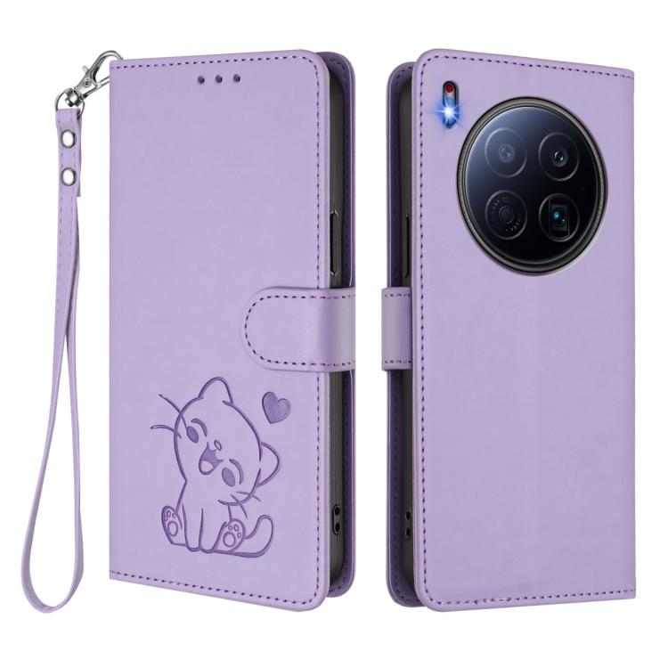For Tecno Camon 40 Premier Embossed Heart Cat Leather Phone Case with Hand Strap