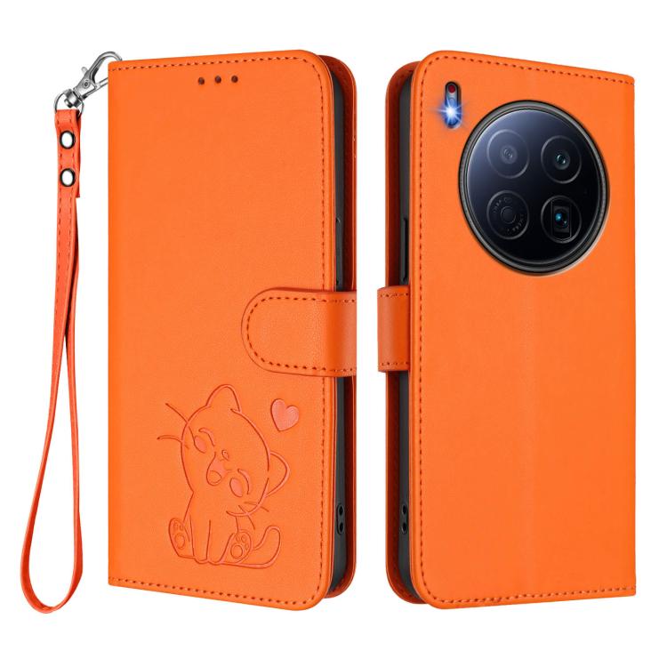 For Tecno Camon 40 Premier Embossed Heart Cat Leather Phone Case with Hand Strap
