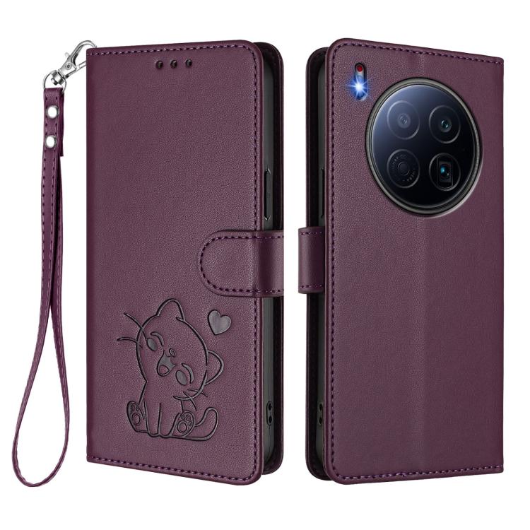 For Tecno Camon 40 Premier Embossed Heart Cat Leather Phone Case with Hand Strap