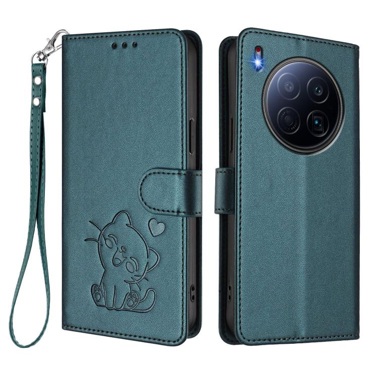 For Tecno Camon 40 Premier Embossed Heart Cat Leather Phone Case with Hand Strap