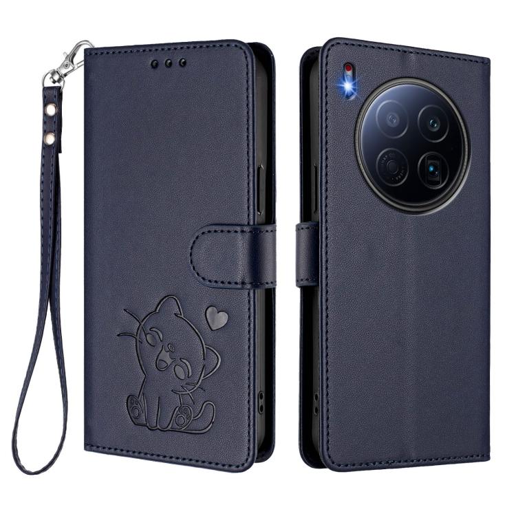 For Tecno Camon 40 Premier Embossed Heart Cat Leather Phone Case with Hand Strap