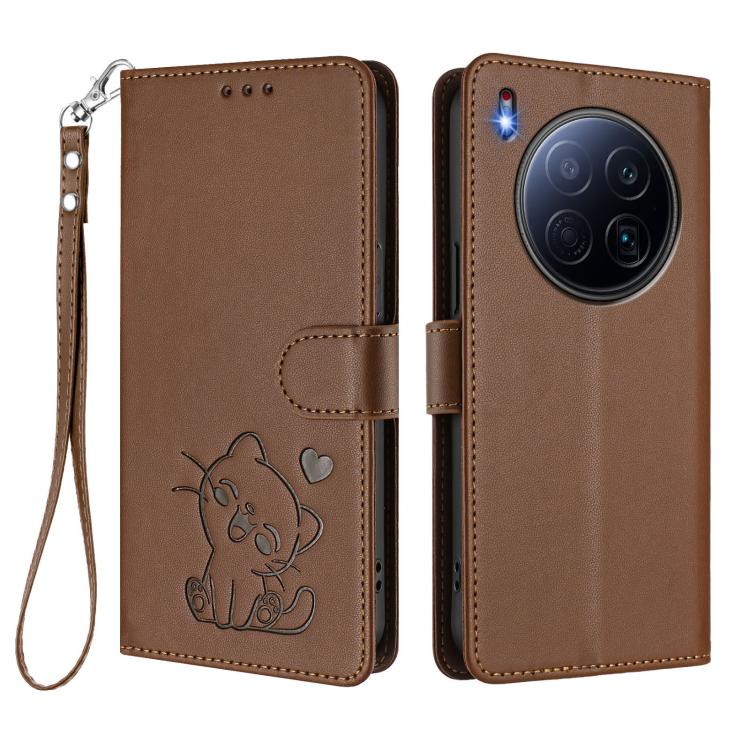 For Tecno Camon 40 Premier Embossed Heart Cat Leather Phone Case with Hand Strap