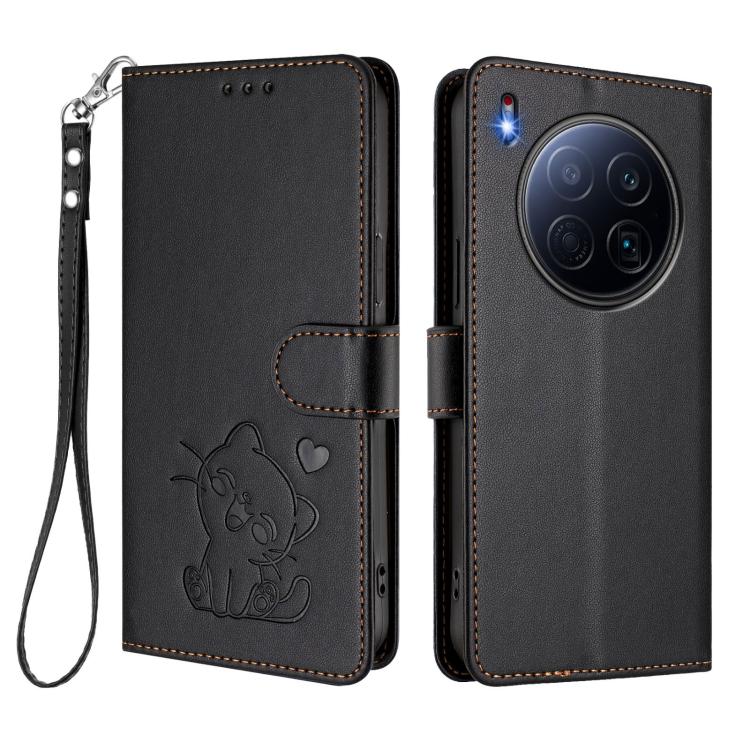 For Tecno Camon 40 Premier Embossed Heart Cat Leather Phone Case with Hand Strap