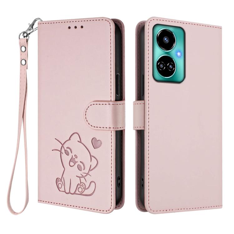 For Tecno Camon 19 / 19 Pro 5G Embossed Heart Cat Leather Phone Case with Hand Strap