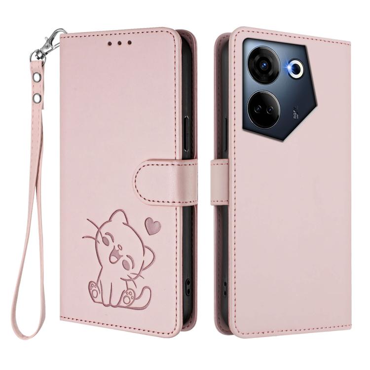 For Tecno Camon 20 4G / 20 Pro 4G Embossed Heart Cat Leather Phone Case with Hand Strap