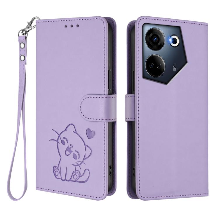 For Tecno Camon 20 4G / 20 Pro 4G Embossed Heart Cat Leather Phone Case with Hand Strap