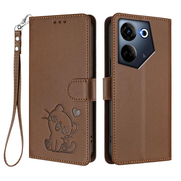 For Tecno Camon 20 4G / 20 Pro 4G Embossed Heart Cat Leather Phone Case with Hand Strap