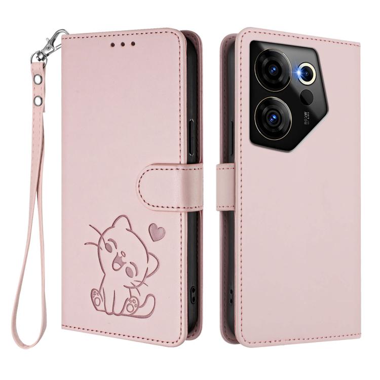 For Tecno Camon 20 Premier 5G Embossed Heart Cat Leather Phone Case with Hand Strap