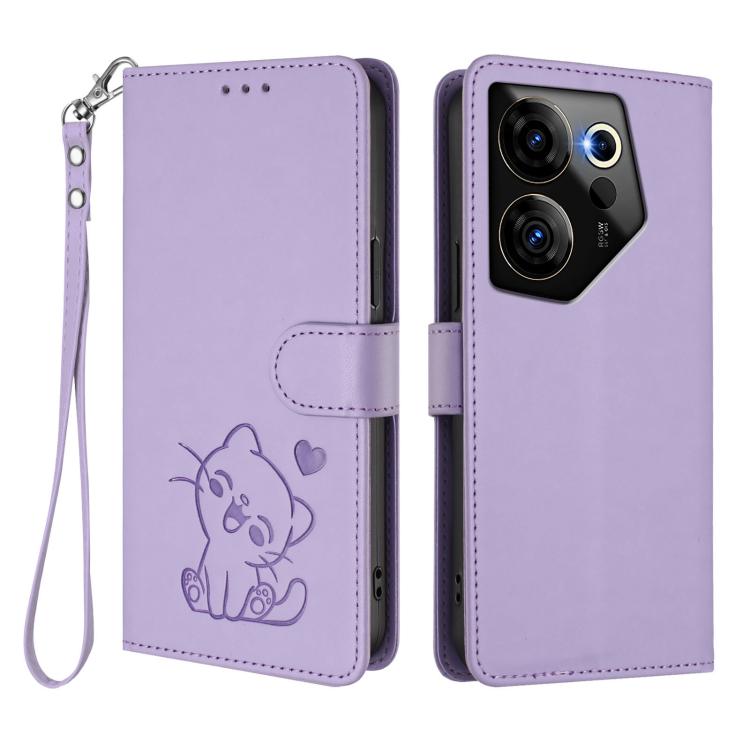 For Tecno Camon 20 Premier 5G Embossed Heart Cat Leather Phone Case with Hand Strap