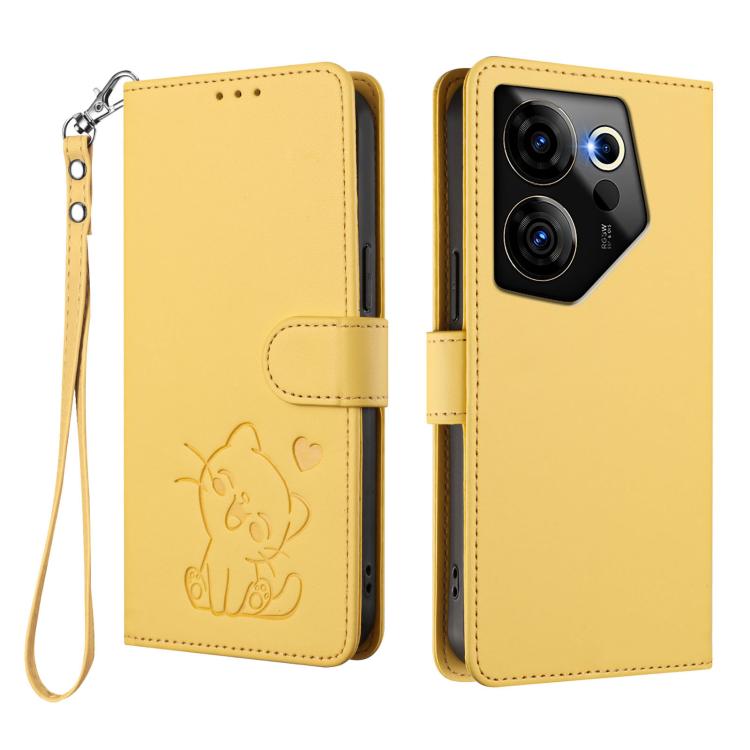 For Tecno Camon 20 Premier 5G Embossed Heart Cat Leather Phone Case with Hand Strap