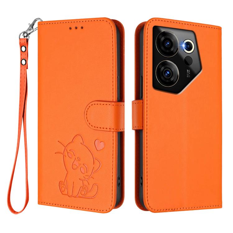 For Tecno Camon 20 Premier 5G Embossed Heart Cat Leather Phone Case with Hand Strap