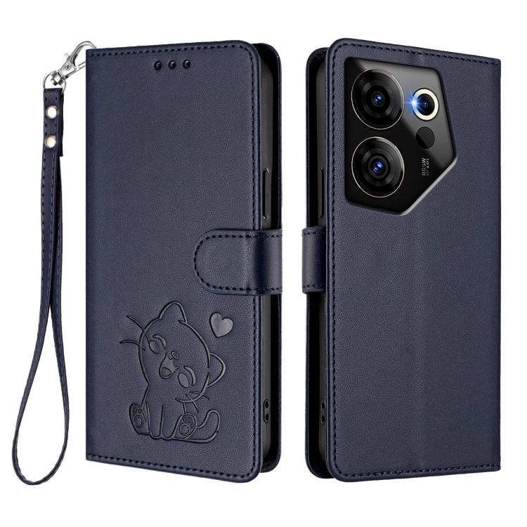 For Tecno Camon 20 Premier 5G Embossed Heart Cat Leather Phone Case with Hand Strap