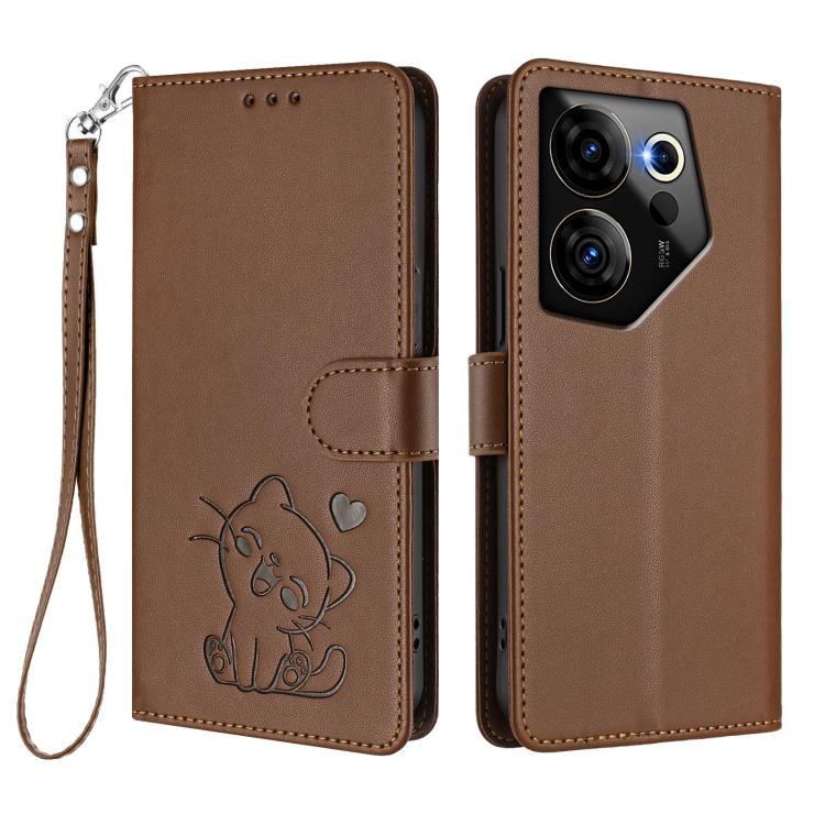 For Tecno Camon 20 Premier 5G Embossed Heart Cat Leather Phone Case with Hand Strap