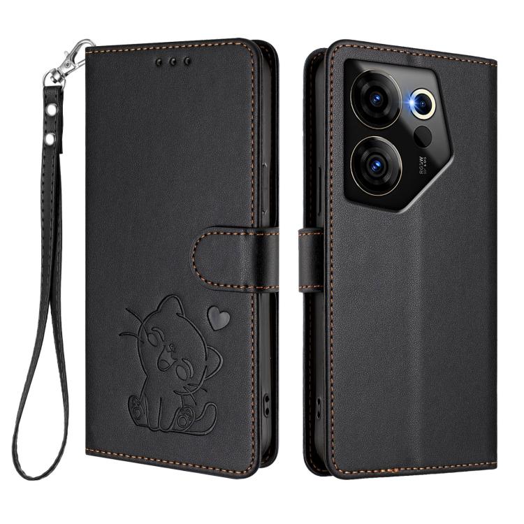For Tecno Camon 20 Premier 5G Embossed Heart Cat Leather Phone Case with Hand Strap