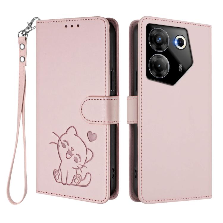 For Tecno Camon 20 Pro 5G Embossed Heart Cat Leather Phone Case with Hand Strap