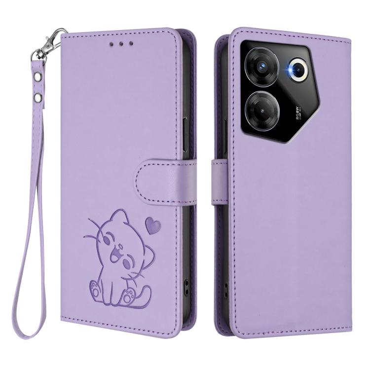 For Tecno Camon 20 Pro 5G Embossed Heart Cat Leather Phone Case with Hand Strap