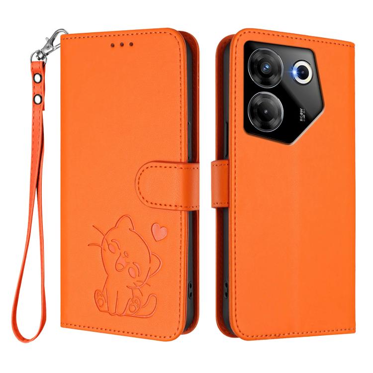 For Tecno Camon 20 Pro 5G Embossed Heart Cat Leather Phone Case with Hand Strap