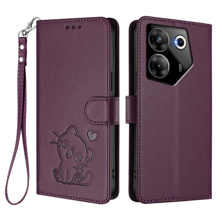 For Tecno Camon 20 Pro 5G Embossed Heart Cat Leather Phone Case with Hand Strap