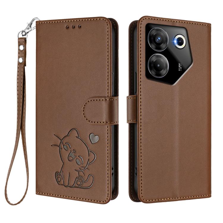 For Tecno Camon 20 Pro 5G Embossed Heart Cat Leather Phone Case with Hand Strap
