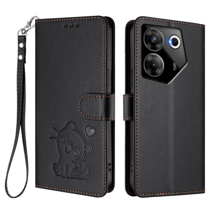 For Tecno Camon 20 Pro 5G Embossed Heart Cat Leather Phone Case with Hand Strap