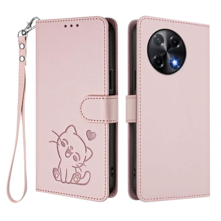 For Tecno Camon 30S / 30S Pro Embossed Heart Cat Leather Phone Case with Hand Strap