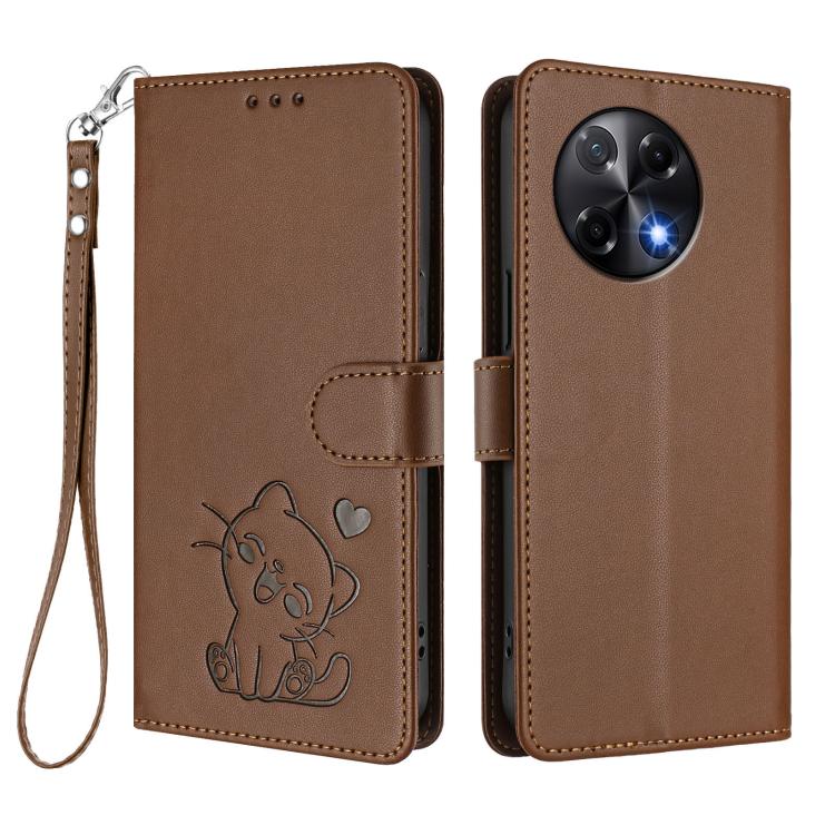 For Tecno Camon 30S / 30S Pro Embossed Heart Cat Leather Phone Case with Hand Strap