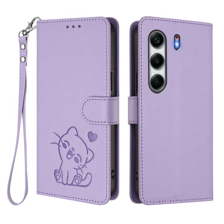 For Tecno Camon 40 4G Embossed Heart Cat Leather Phone Case with Hand Strap