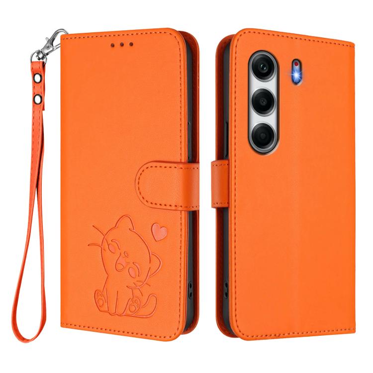 For Tecno Camon 40 4G Embossed Heart Cat Leather Phone Case with Hand Strap