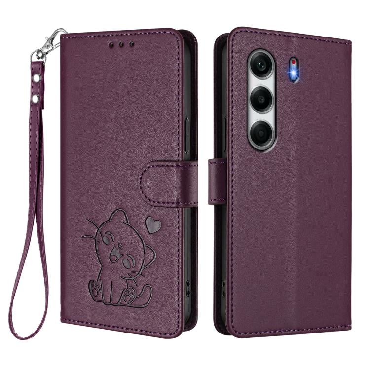For Tecno Camon 40 4G Embossed Heart Cat Leather Phone Case with Hand Strap
