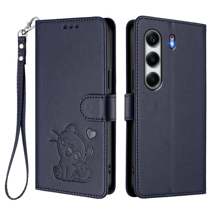 For Tecno Camon 40 4G Embossed Heart Cat Leather Phone Case with Hand Strap