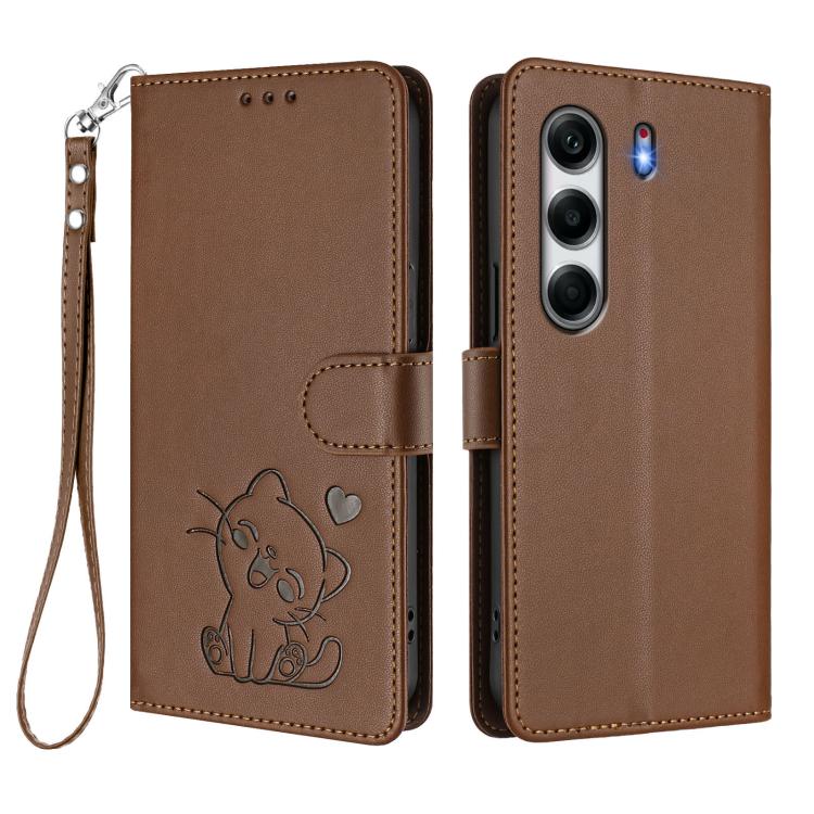 For Tecno Camon 40 4G Embossed Heart Cat Leather Phone Case with Hand Strap