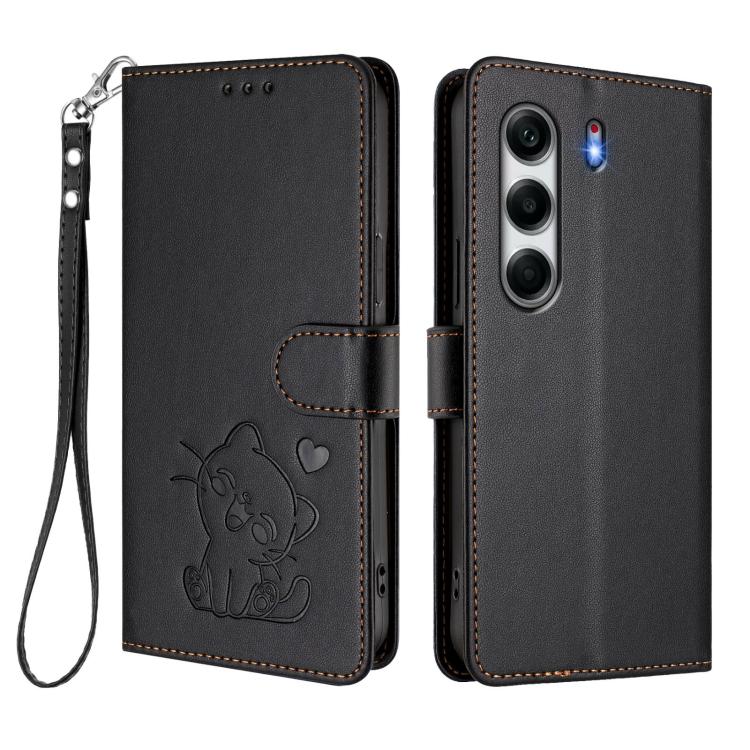 For Tecno Camon 40 4G Embossed Heart Cat Leather Phone Case with Hand Strap