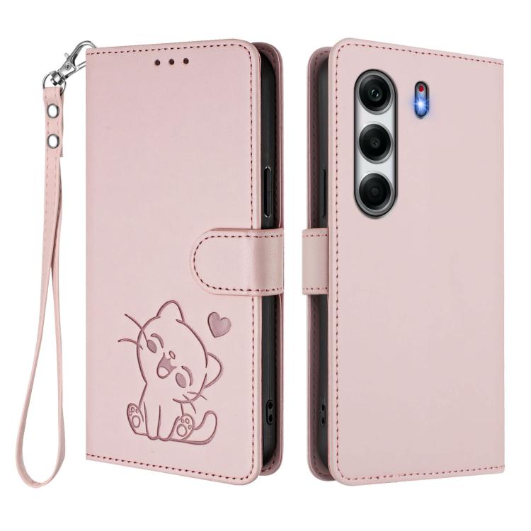 For Tecno Camon 40 Pro 4G Embossed Heart Cat Leather Phone Case with Hand Strap