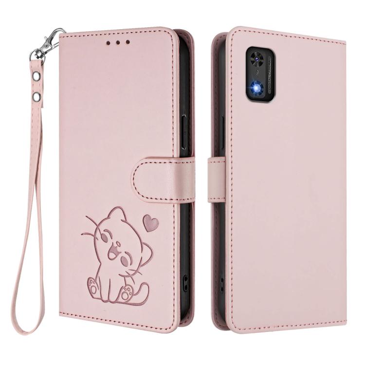 For Tecno Pop 6C / A18 Embossed Heart Cat Leather Phone Case with Hand Strap