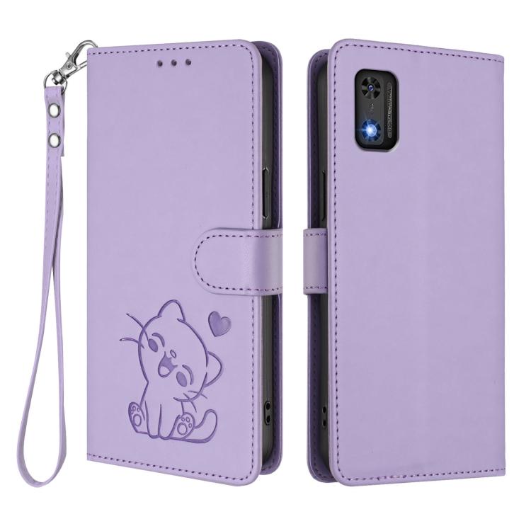 For Tecno Pop 6C / A18 Embossed Heart Cat Leather Phone Case with Hand Strap