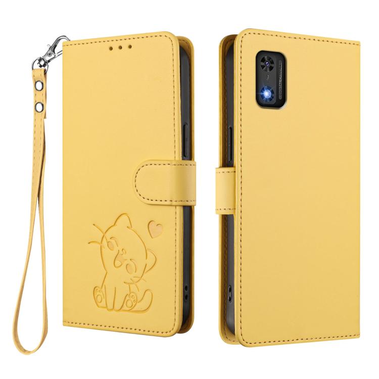 For Tecno Pop 6C / A18 Embossed Heart Cat Leather Phone Case with Hand Strap