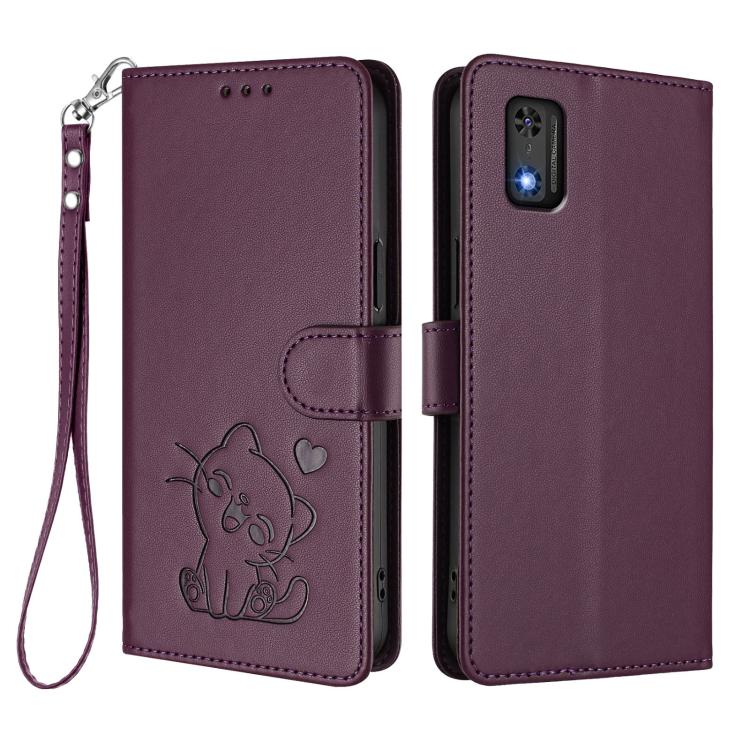 For Tecno Pop 6C / A18 Embossed Heart Cat Leather Phone Case with Hand Strap