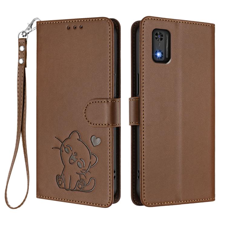 For Tecno Pop 6C / A18 Embossed Heart Cat Leather Phone Case with Hand Strap