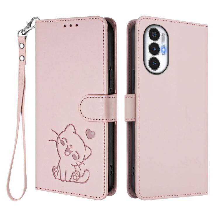 For Tecno Pova 3 Embossed Heart Cat Leather Phone Case with Hand Strap