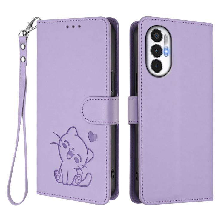 For Tecno Pova 3 Embossed Heart Cat Leather Phone Case with Hand Strap