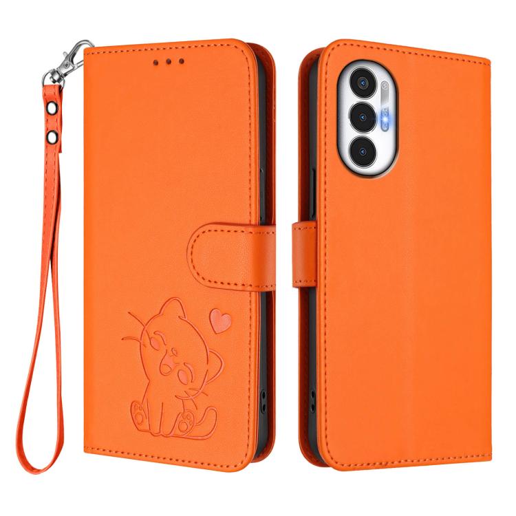 For Tecno Pova 3 Embossed Heart Cat Leather Phone Case with Hand Strap