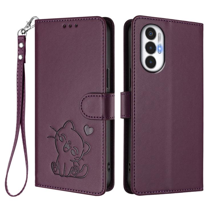 For Tecno Pova 3 Embossed Heart Cat Leather Phone Case with Hand Strap