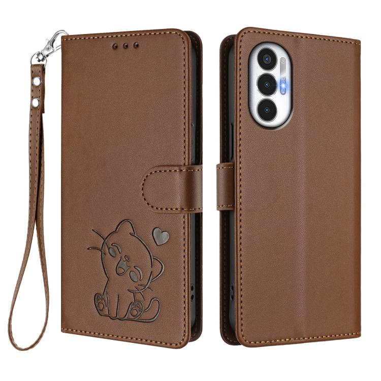 For Tecno Pova 3 Embossed Heart Cat Leather Phone Case with Hand Strap
