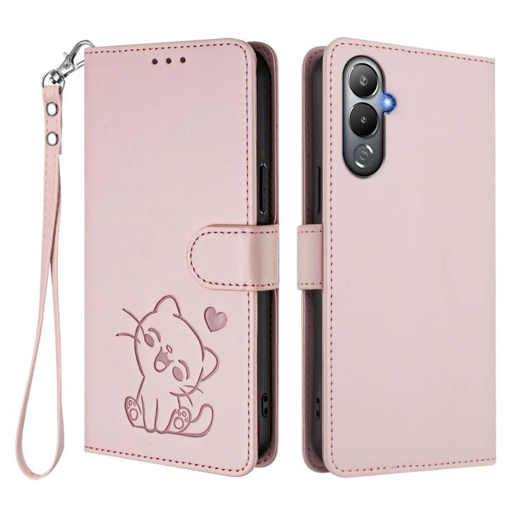 For Tecno Pova 4 Embossed Heart Cat Leather Phone Case with Hand Strap