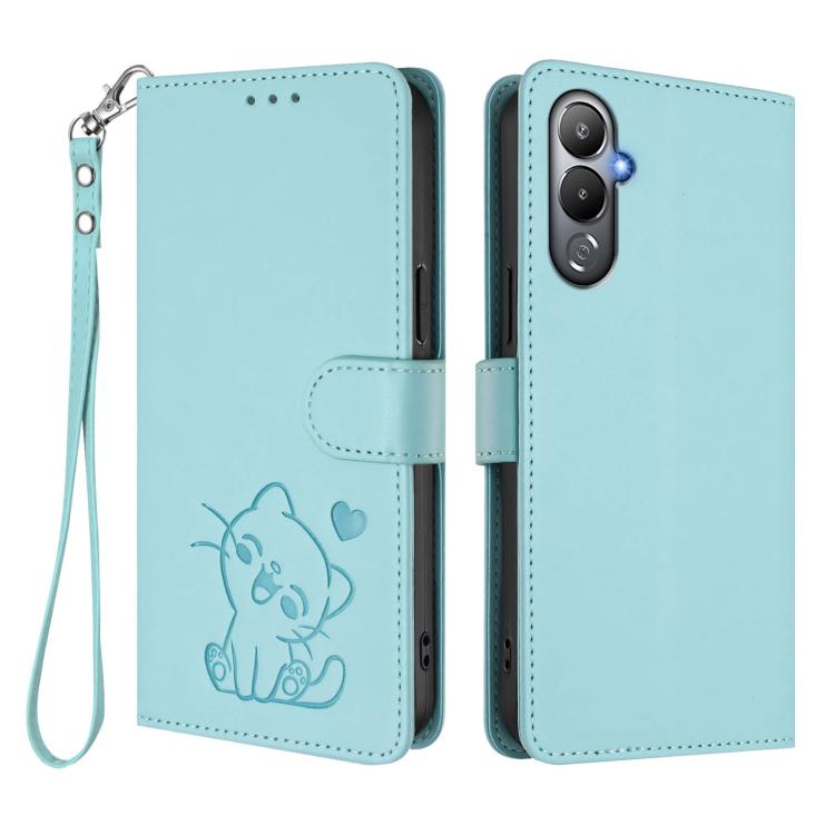 For Tecno Pova 4 Embossed Heart Cat Leather Phone Case with Hand Strap