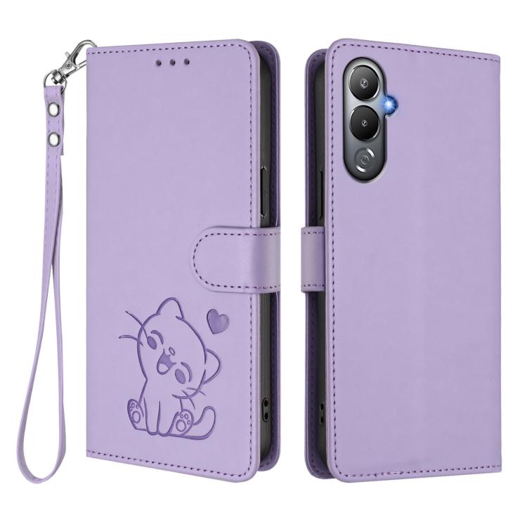For Tecno Pova 4 Embossed Heart Cat Leather Phone Case with Hand Strap