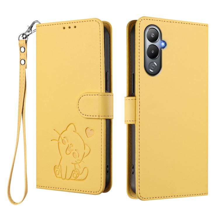 For Tecno Pova 4 Embossed Heart Cat Leather Phone Case with Hand Strap