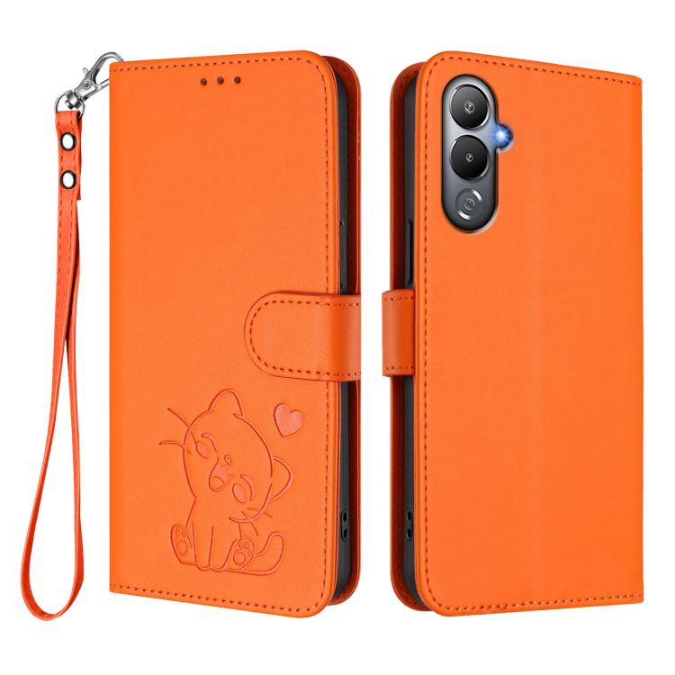 For Tecno Pova 4 Embossed Heart Cat Leather Phone Case with Hand Strap