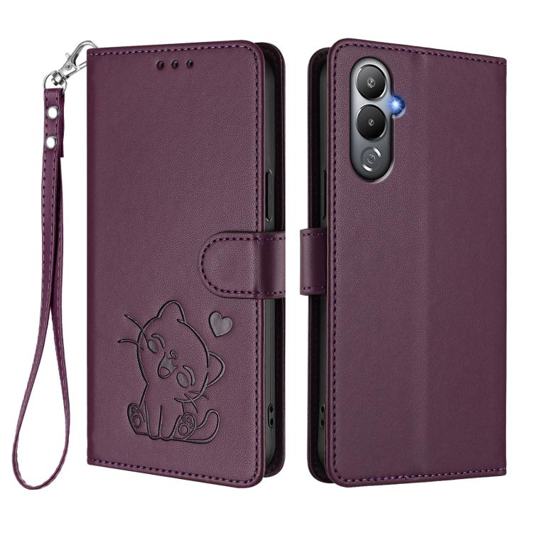 For Tecno Pova 4 Embossed Heart Cat Leather Phone Case with Hand Strap